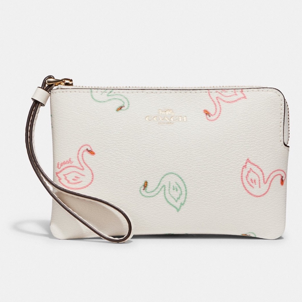 Coach Corner Zip Wristlet With Swan Print